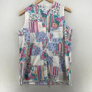HAMPTON HOUSE Pajama Top Womens S V-Neck Button Up Patchwork Floral Pink HK VTG